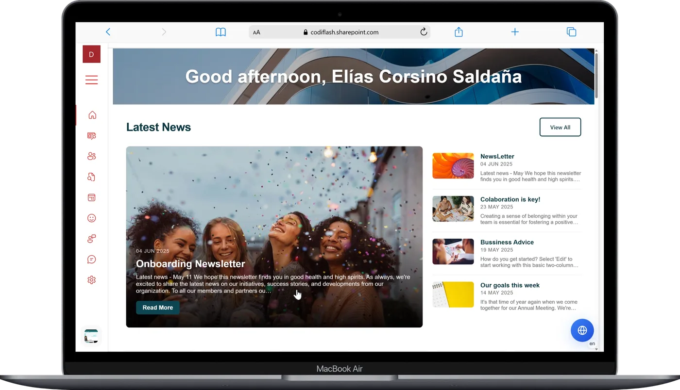 CodiFlash SharePoint intranet shown on a MacBook Air